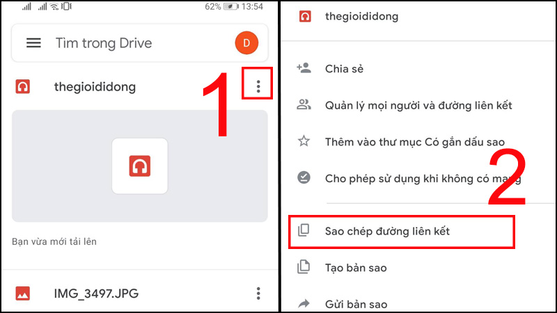 Vào Drive, chọn biểu tượng ba chấm trên góc bên phải của file vừa up lên > Chọn Sao chép đường liên kết.